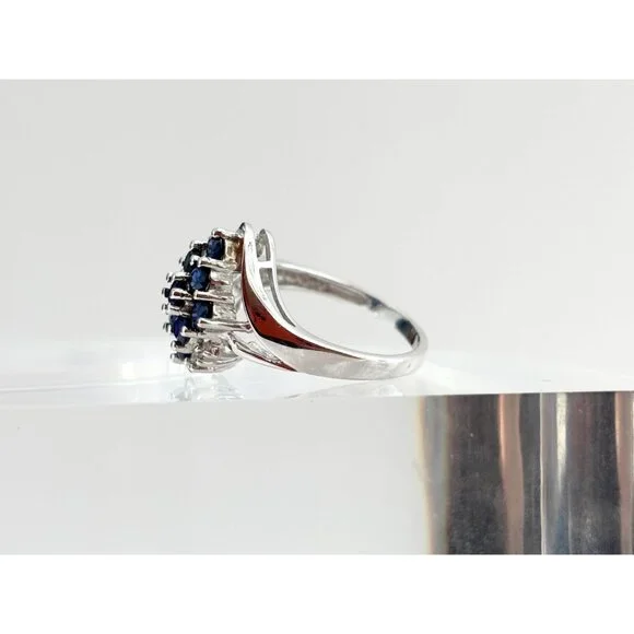 10k White Gold Blue Sapphire & White Diamond Vintage Gemstone Cocktail Ring sz 7 - Picture 3 of 10